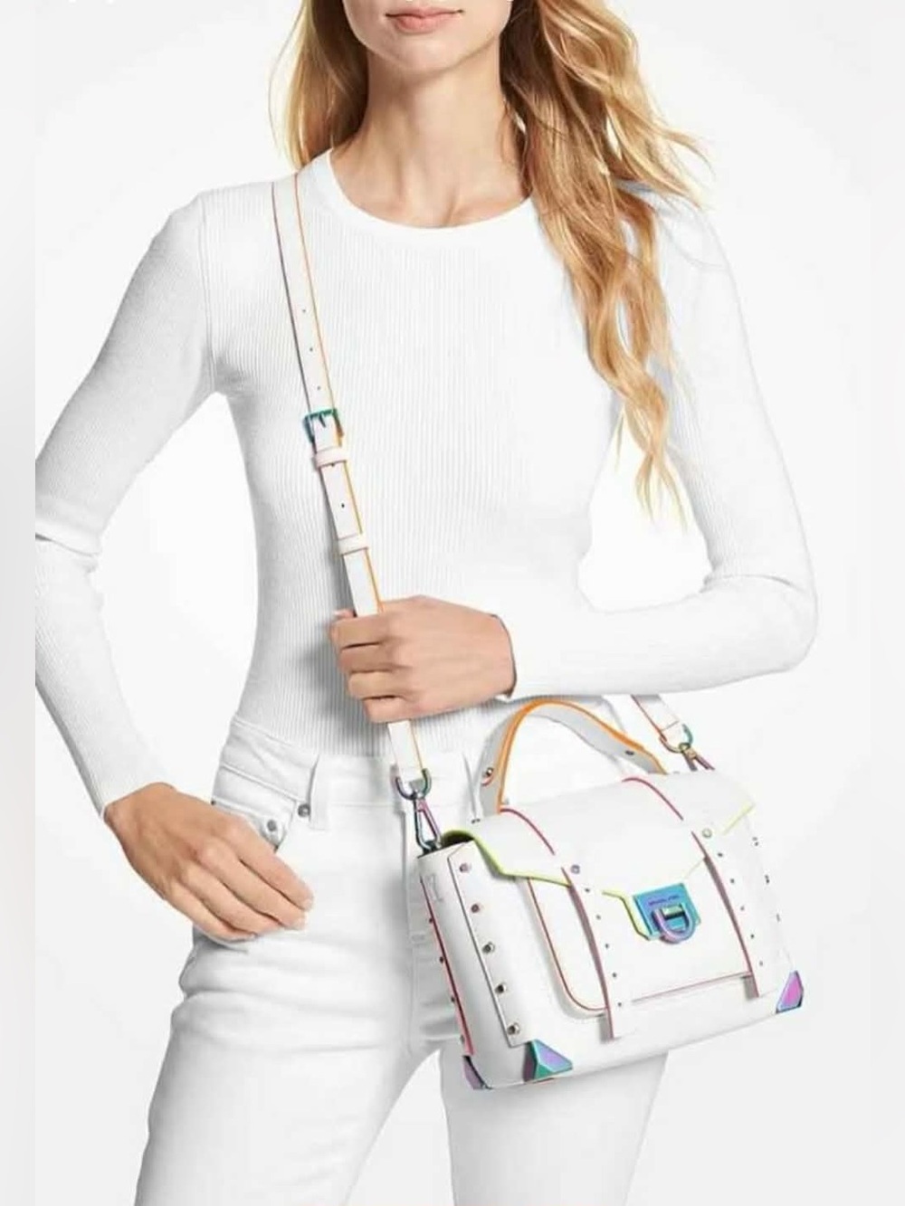 Michael Kors Manhattan Leather White Crossbody Handbag with Rainbow Trim